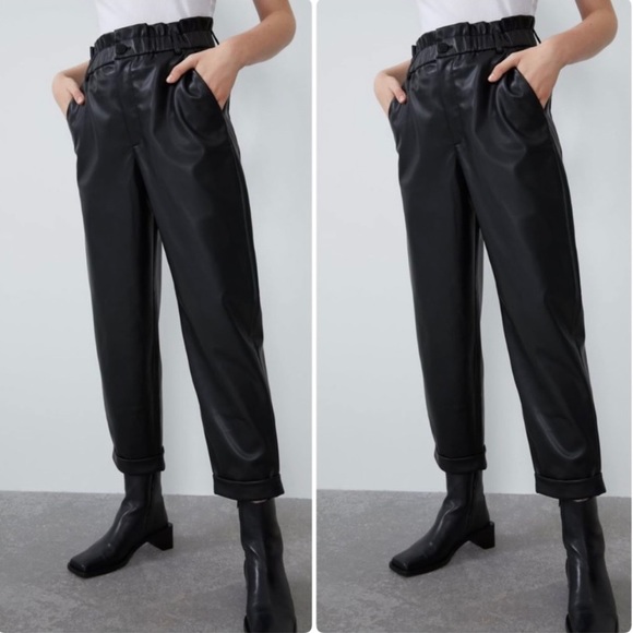 Zara Pants - ZARA High Rise Paper Bag Faux Leather Trouser Pants Cropped Cuffed Hem